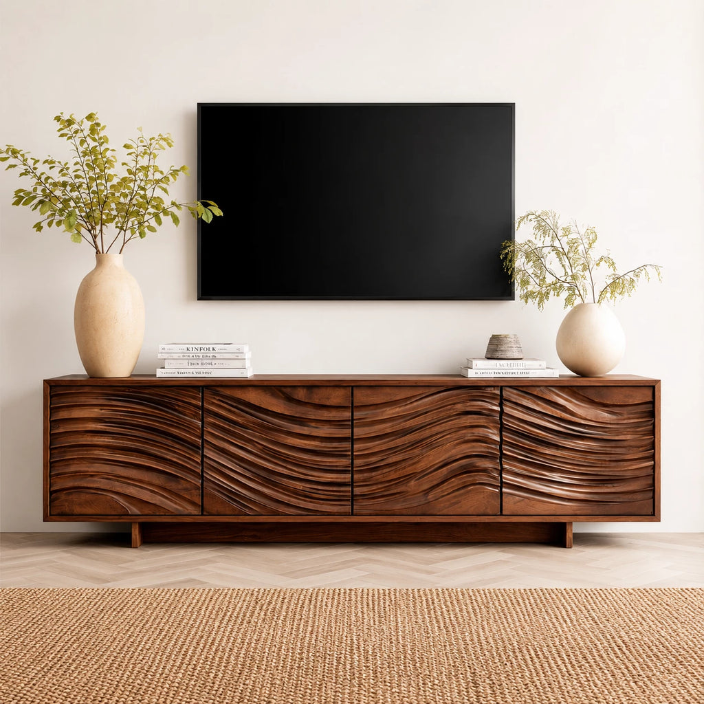 Artisan Wave Natural Solid Wood TV Stand with Sculpted Storage Doors