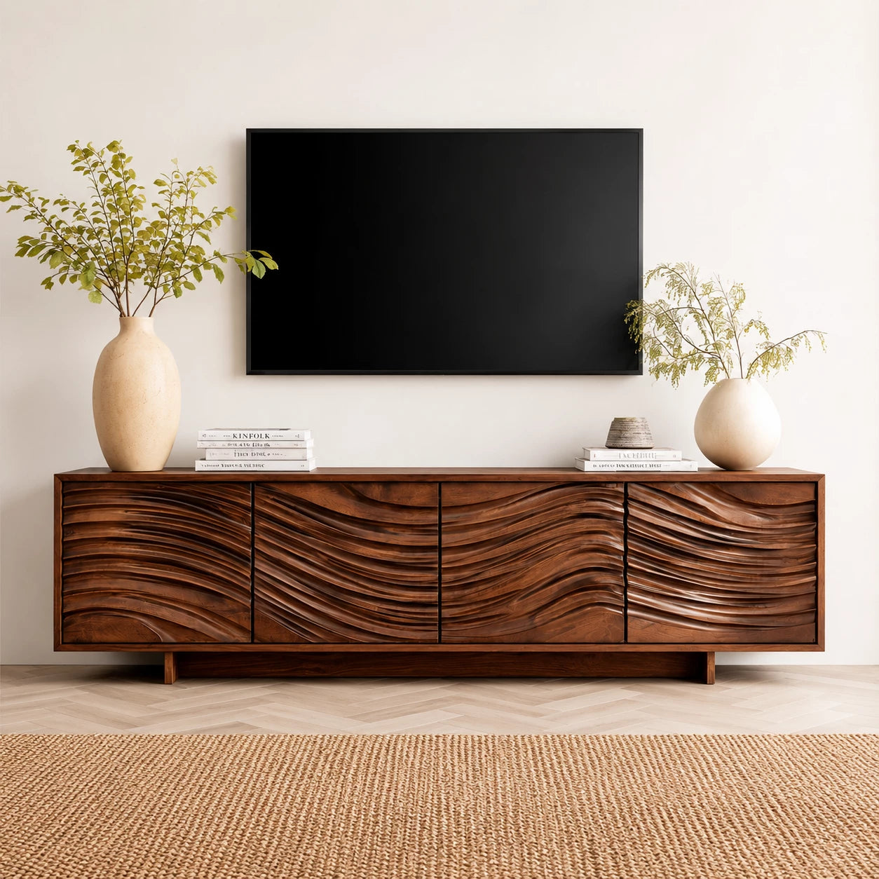 Artisan Wave Natural Solid Wood TV Stand with Sculpted Storage Doors
