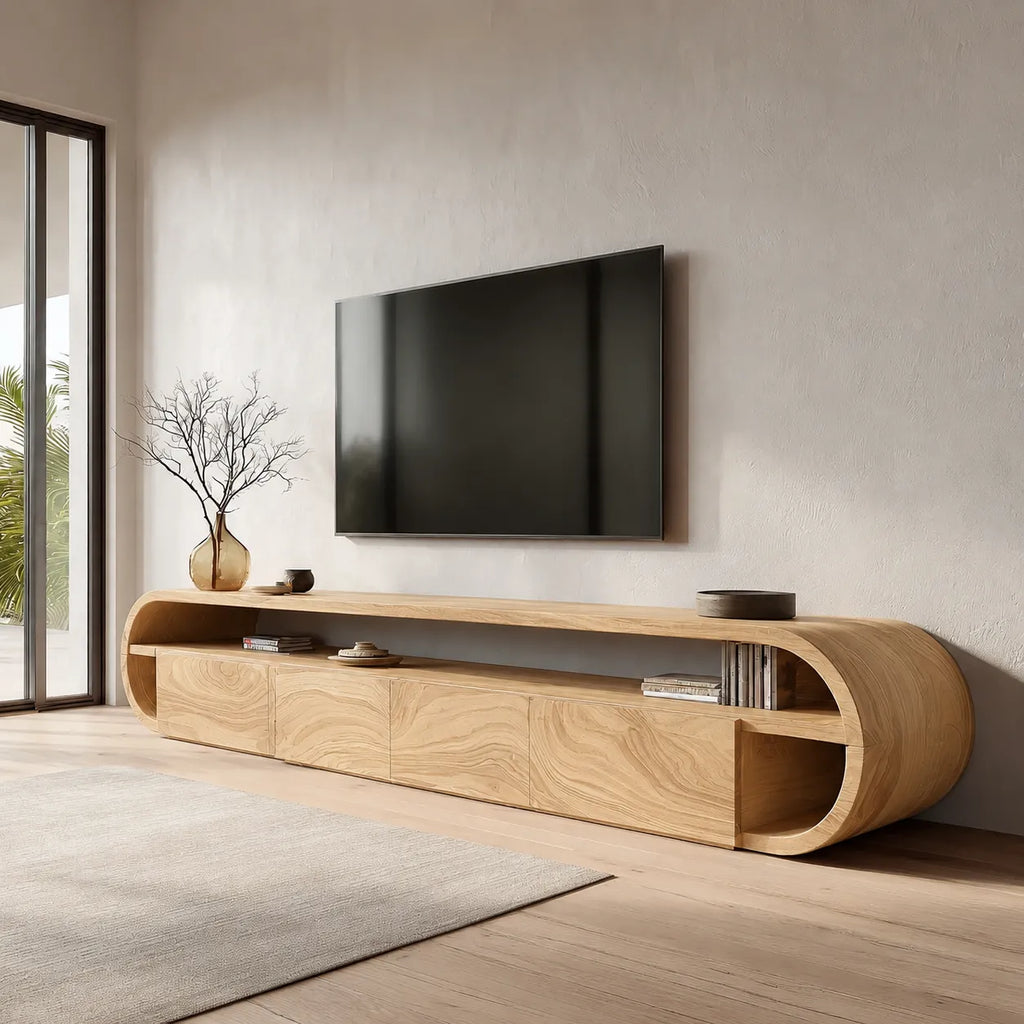 Curved Edge Natural Solid Wood TV Stand with Open Shelf Storage