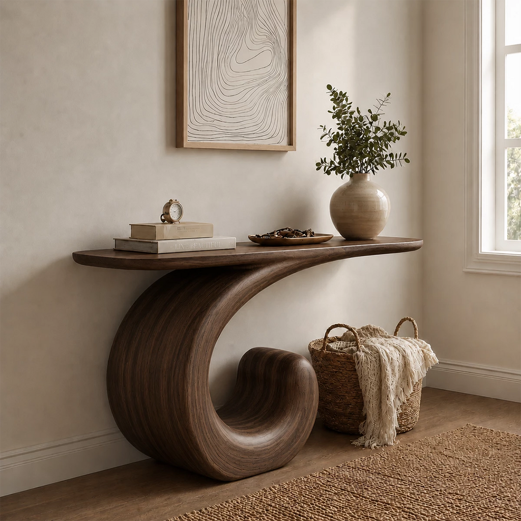 Sculptural Spiral Console Table in Natural Solid Wood