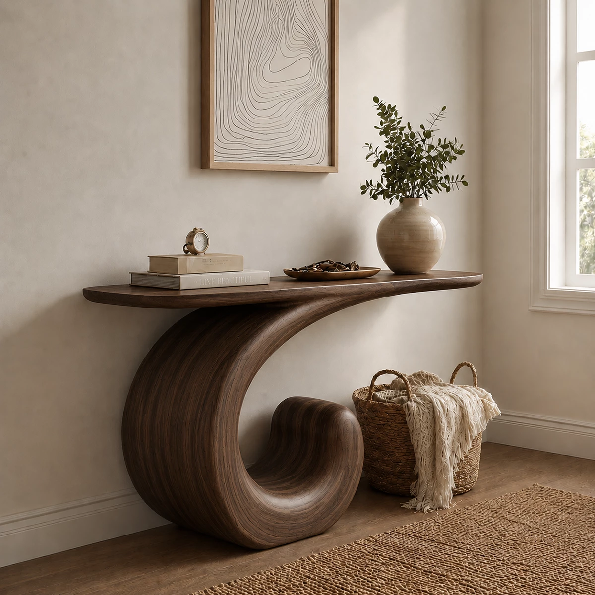 Sculptural Spiral Console Table in Natural Solid Wood
