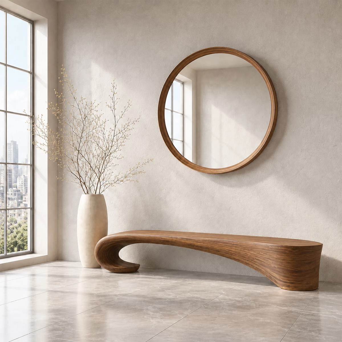 Sculptural Wave Wood Bench – Organic Natural Wood Entryway Bench for Modern Interior