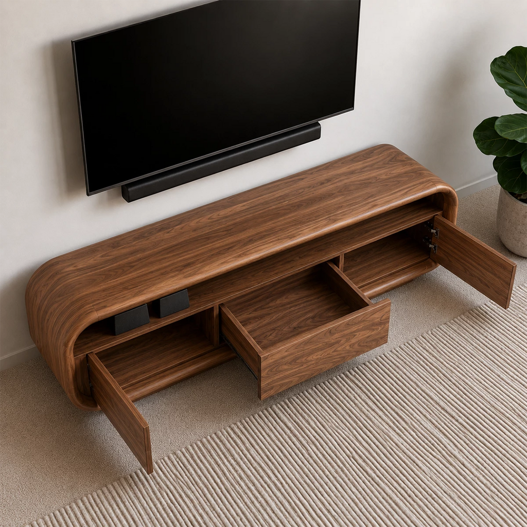 Natural Solid Wood TV Stand with Three Cabinets and Full Width Open Media Shelf