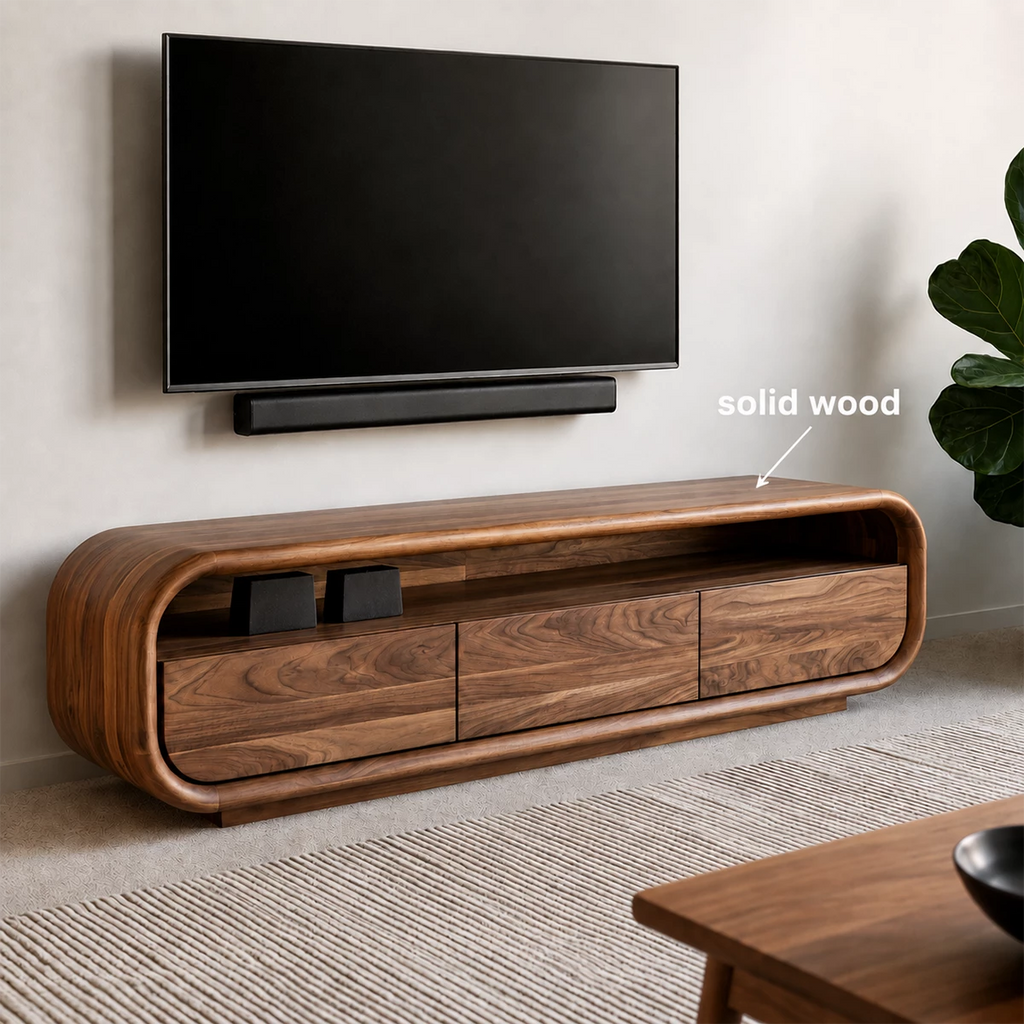 Natural Solid Wood TV Stand with Three Cabinets and Full Width Open Media Shelf