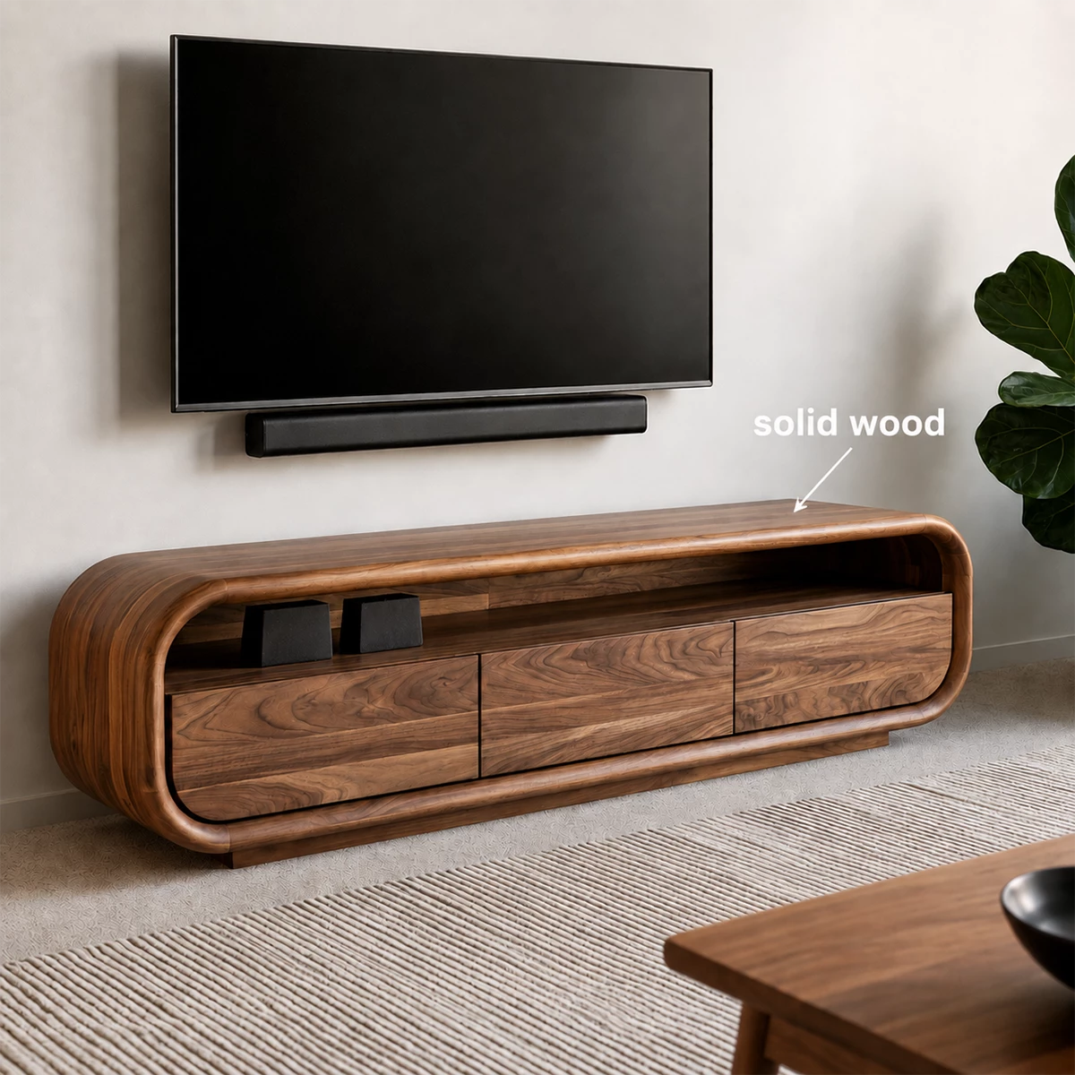 Natural Solid Wood TV Stand with Three Cabinets and Full Width Open Media Shelf