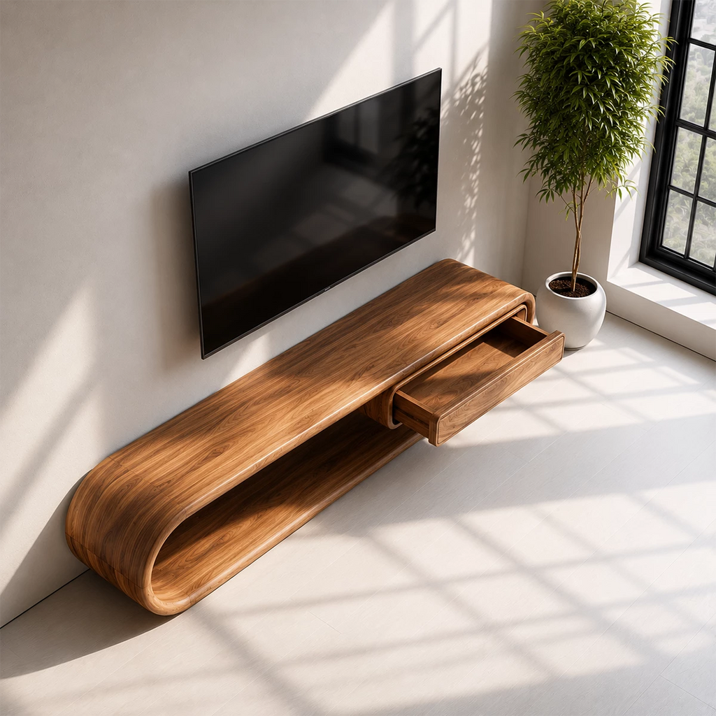 Natural Solid Wood TV Stand with Floating Drawer and Sculptural Loop Frame