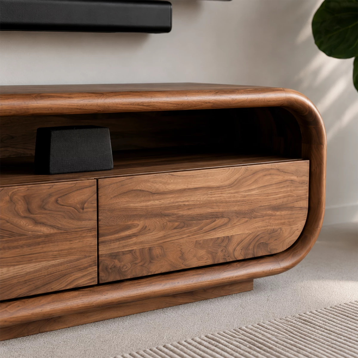 Natural Solid Wood TV Stand with Three Cabinets and Full Width Open Media Shelf