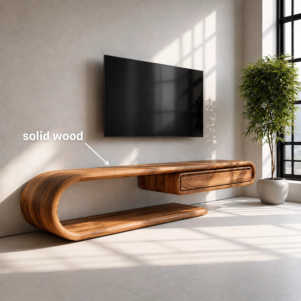 Natural Solid Wood TV Stand with Floating Drawer and Sculptural Loop Frame