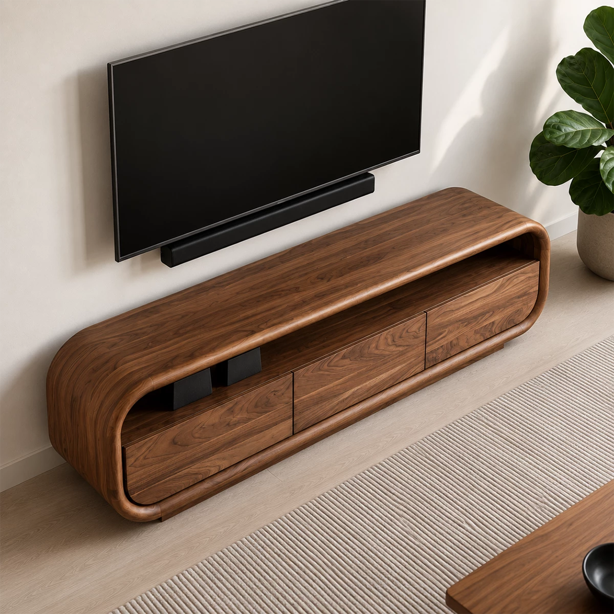 Natural Solid Wood TV Stand with Three Cabinets and Full Width Open Media Shelf