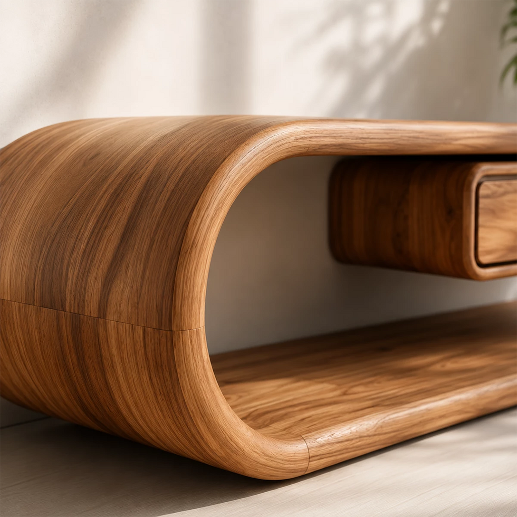 Natural Solid Wood TV Stand with Floating Drawer and Sculptural Loop Frame