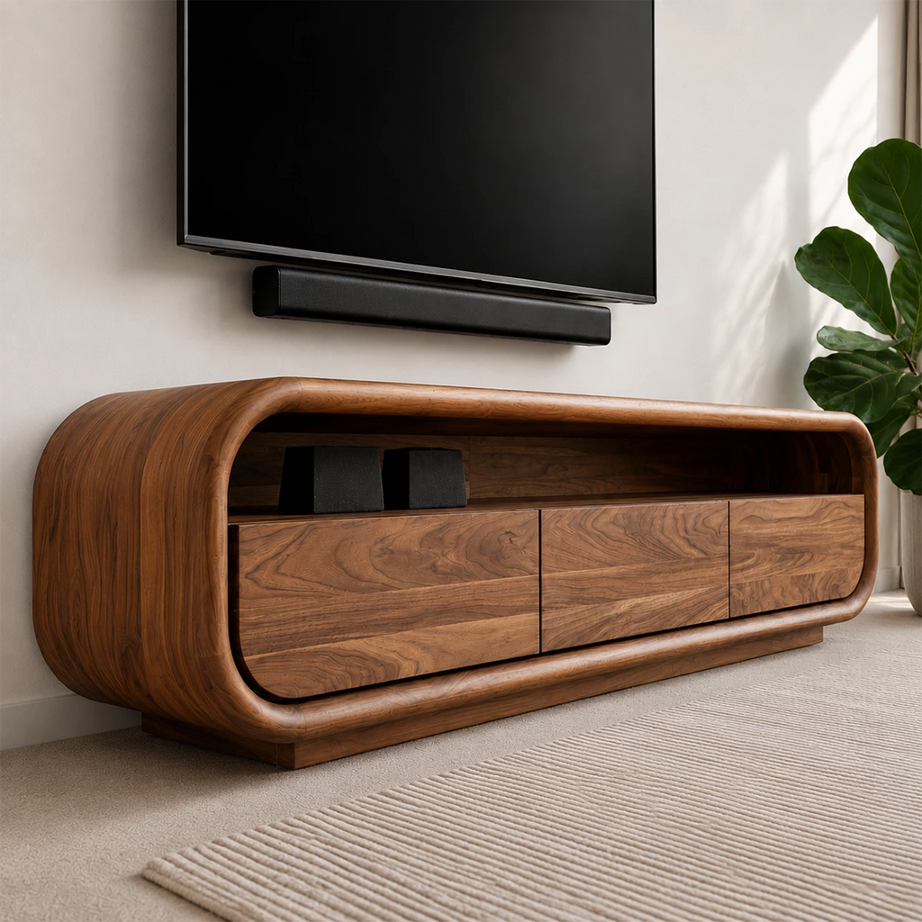 Natural Solid Wood TV Stand with Three Cabinets and Full Width Open Media Shelf