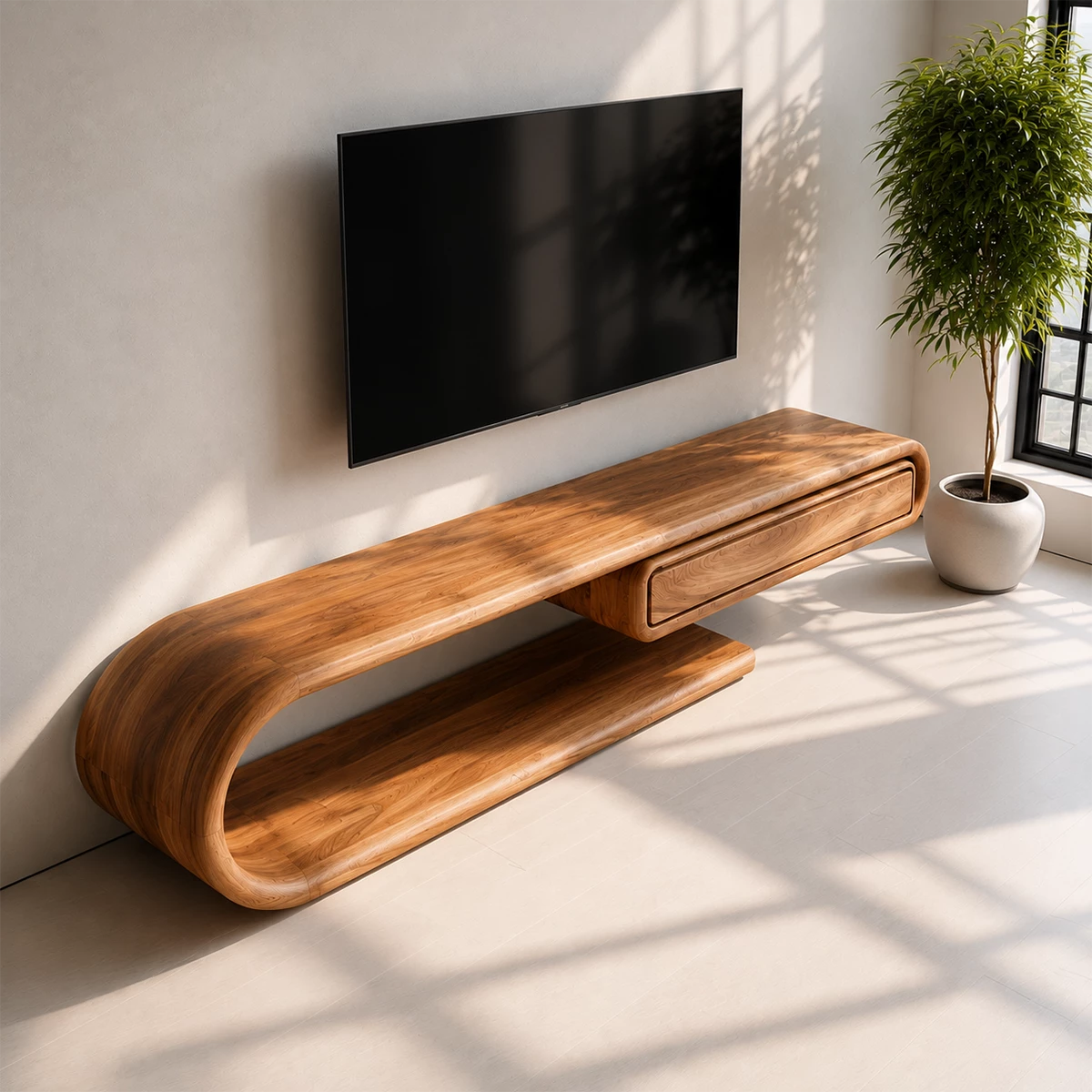 Natural Solid Wood TV Stand with Floating Drawer and Sculptural Loop Frame