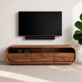 Natural Solid Wood TV Stand with Three Cabinets and Full Width Open Media Shelf