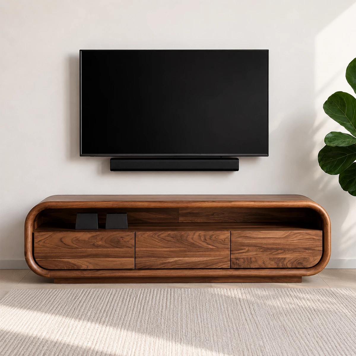Natural Solid Wood TV Stand with Three Cabinets and Full Width Open Media Shelf