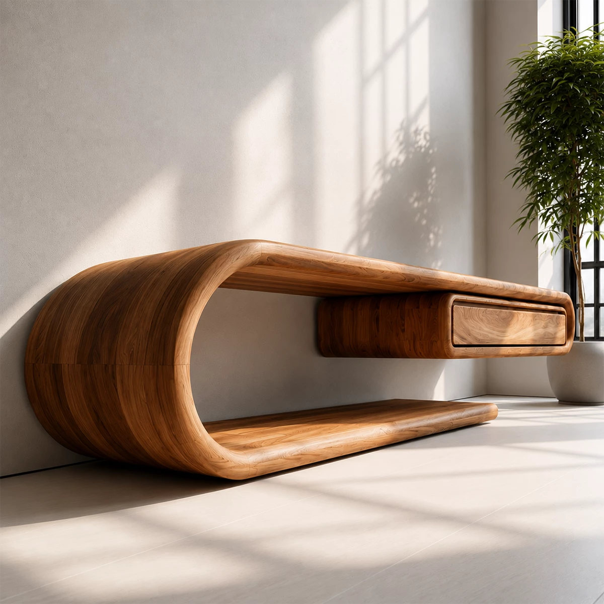Natural Solid Wood TV Stand with Floating Drawer and Sculptural Loop Frame
