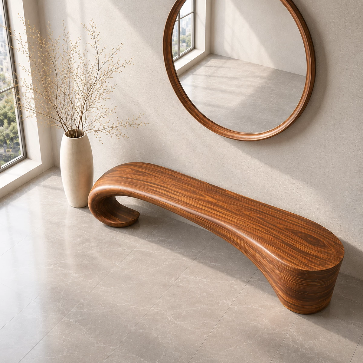 Sculptural Wave Wood Bench – Organic Natural Wood Entryway Bench for Modern Interior