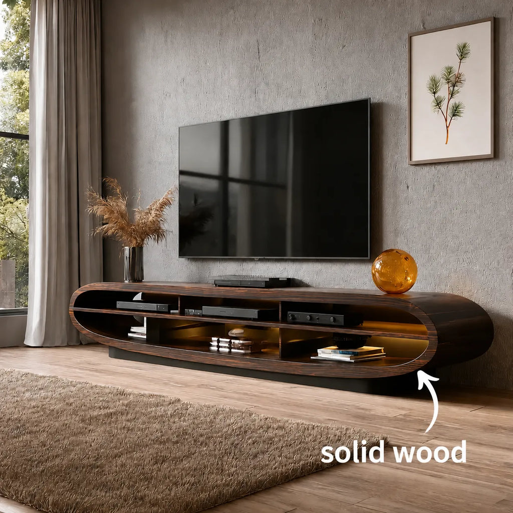 Curved Natural Solid Wood TV Stand with Open Media Console Storage