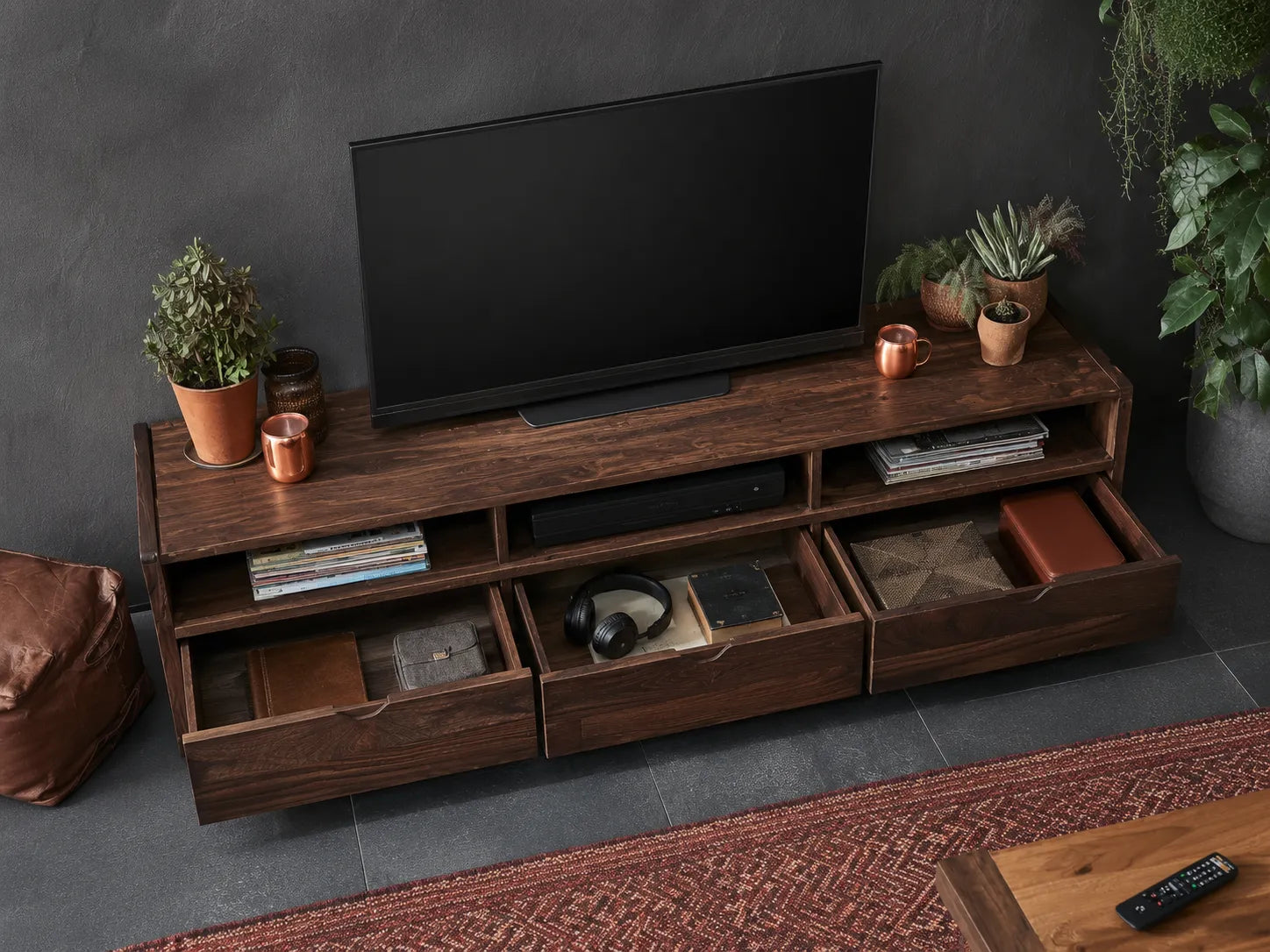 Rustic Natural Solid Wood TV Stand with Open Shelf Media Storage