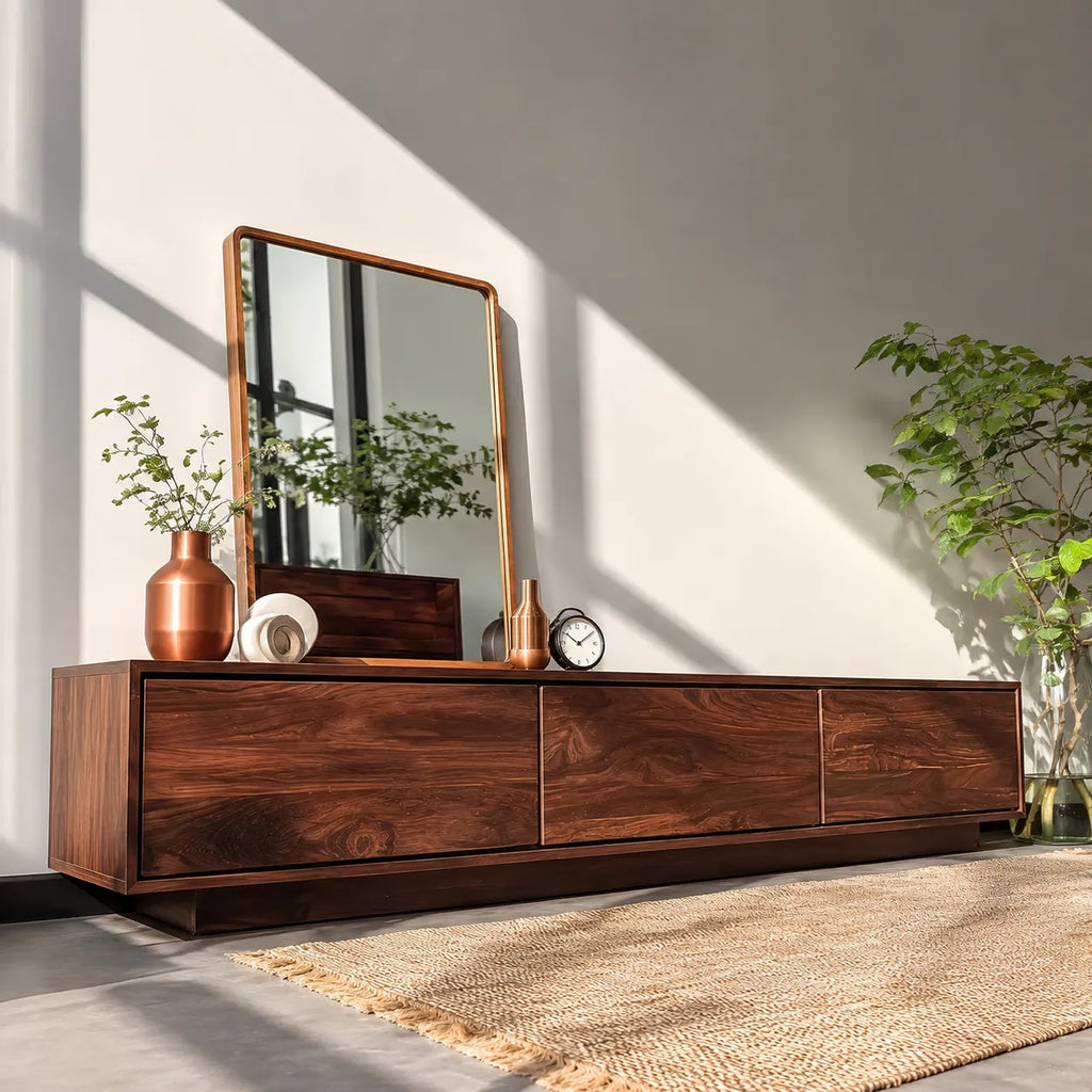 Minimalist Low Profile TV Stand with Seamless Storage Design
