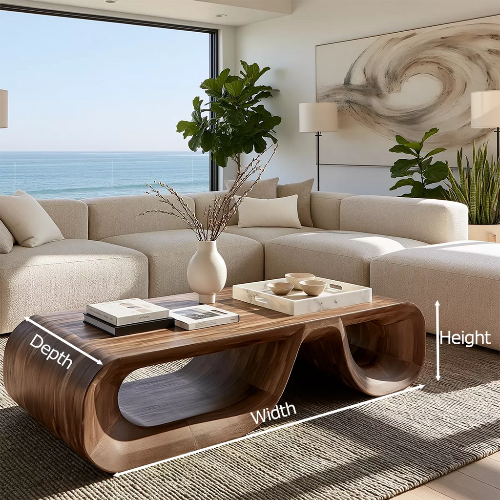 Sculptural Solid Wood Coffee Table With Double Open Wave Base And Natural Wood Grain For Modern Living Room