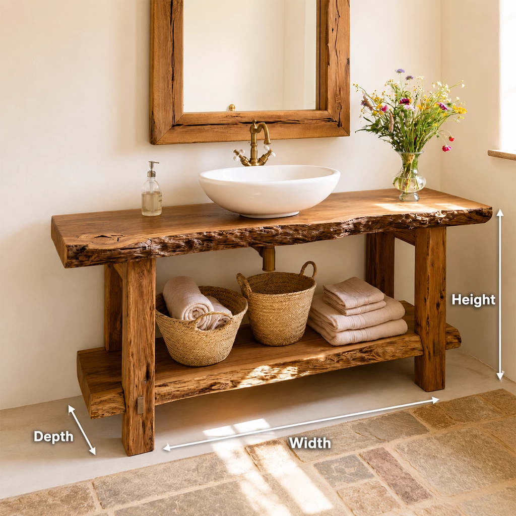 Rustic Live Edge Bathroom Vanity With Vessel Sink & Open Storage Shelf