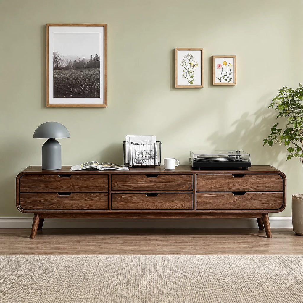 Mid Century Natural Solid Wood TV Stand with Six Drawer Storage