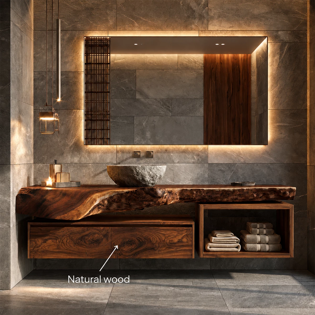 Natural Solid Wood Floating Bathroom Vanity with Two Drawers and Open Shelf