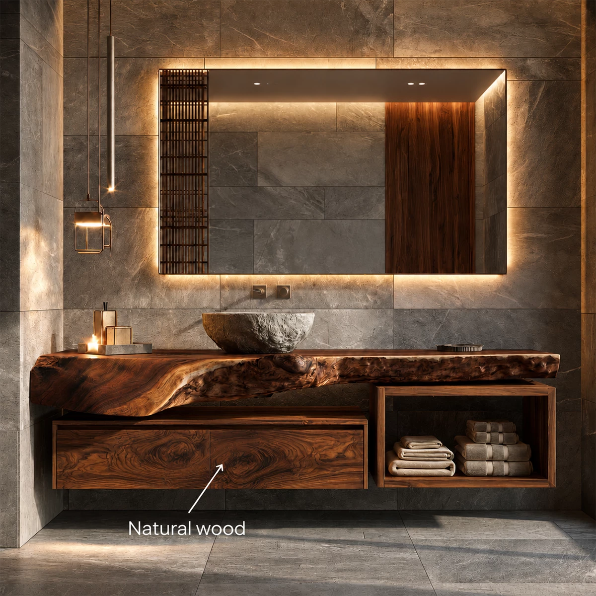 Natural Solid Wood Floating Bathroom Vanity with Two Drawers and Open Shelf