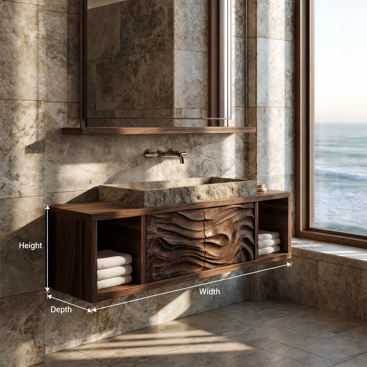 Natural Solid Wood Floating Bathroom Vanity with Four Carved Drawers