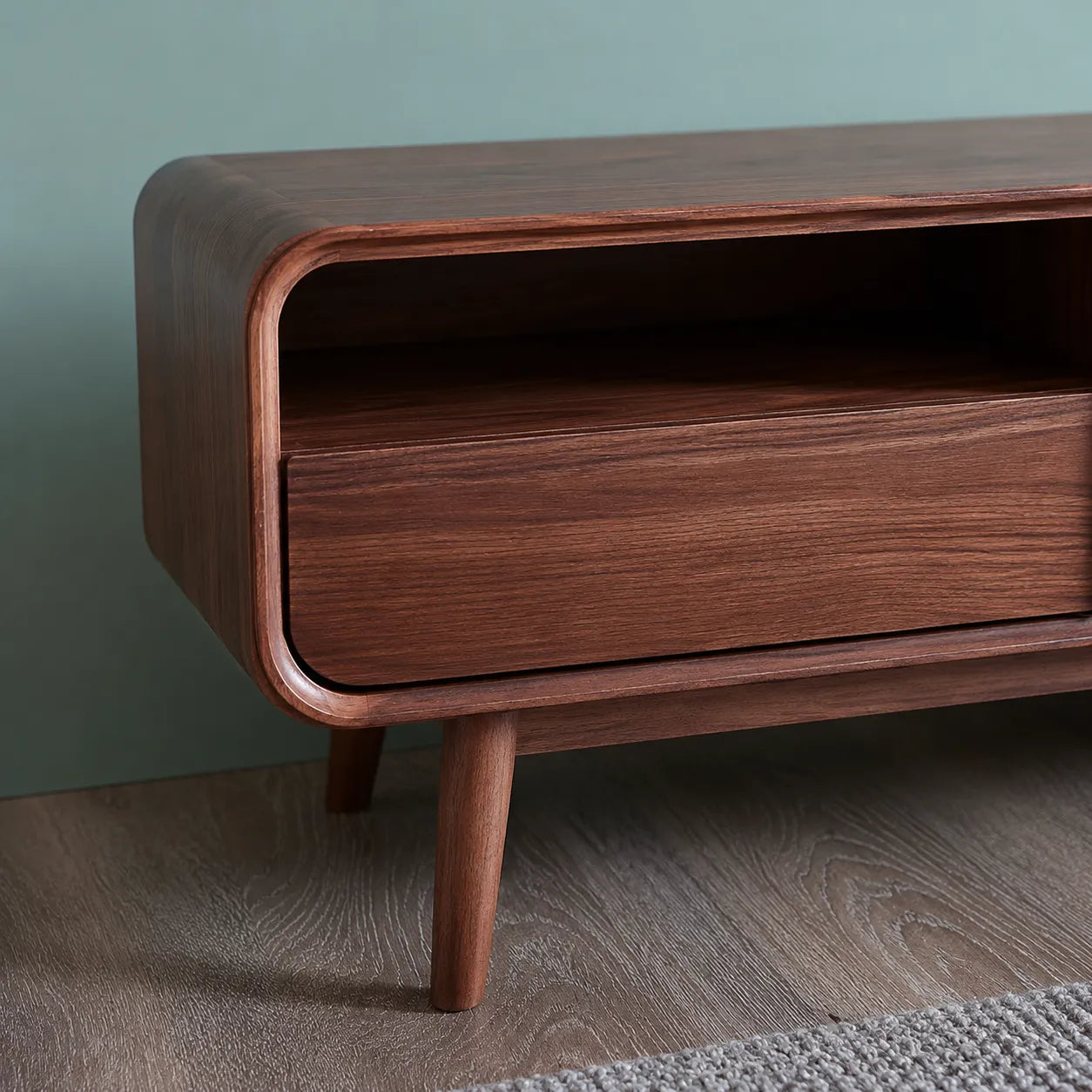 Mid Century Natural Solid Wood TV Stand with Rounded Frame Design
