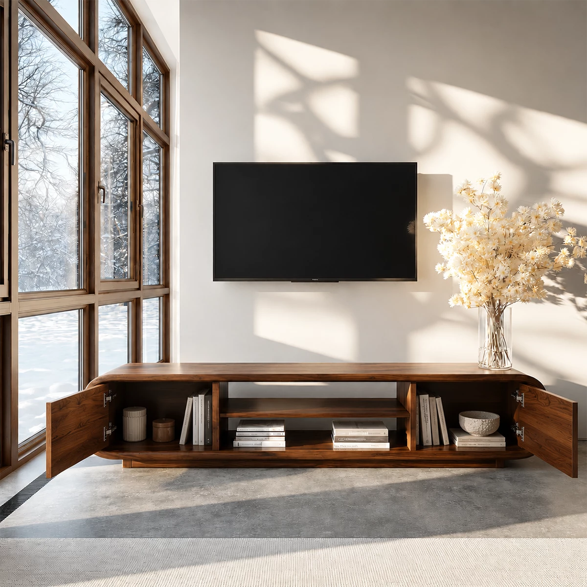 Natural Solid Wood TV Stand with Two Side Cabinets and Central Open Shelf