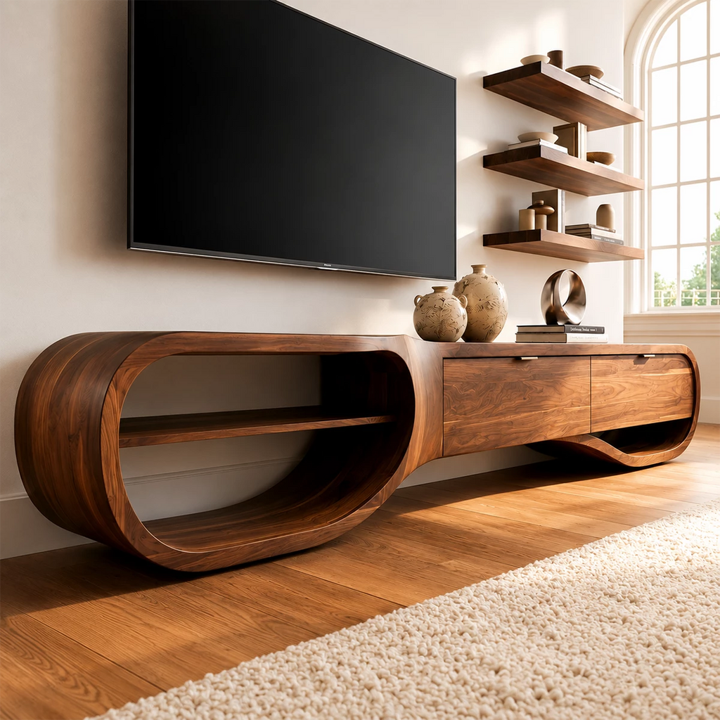 Natural Solid Wood TV Stand with Three Drawers and Sculptural Loop Shelves