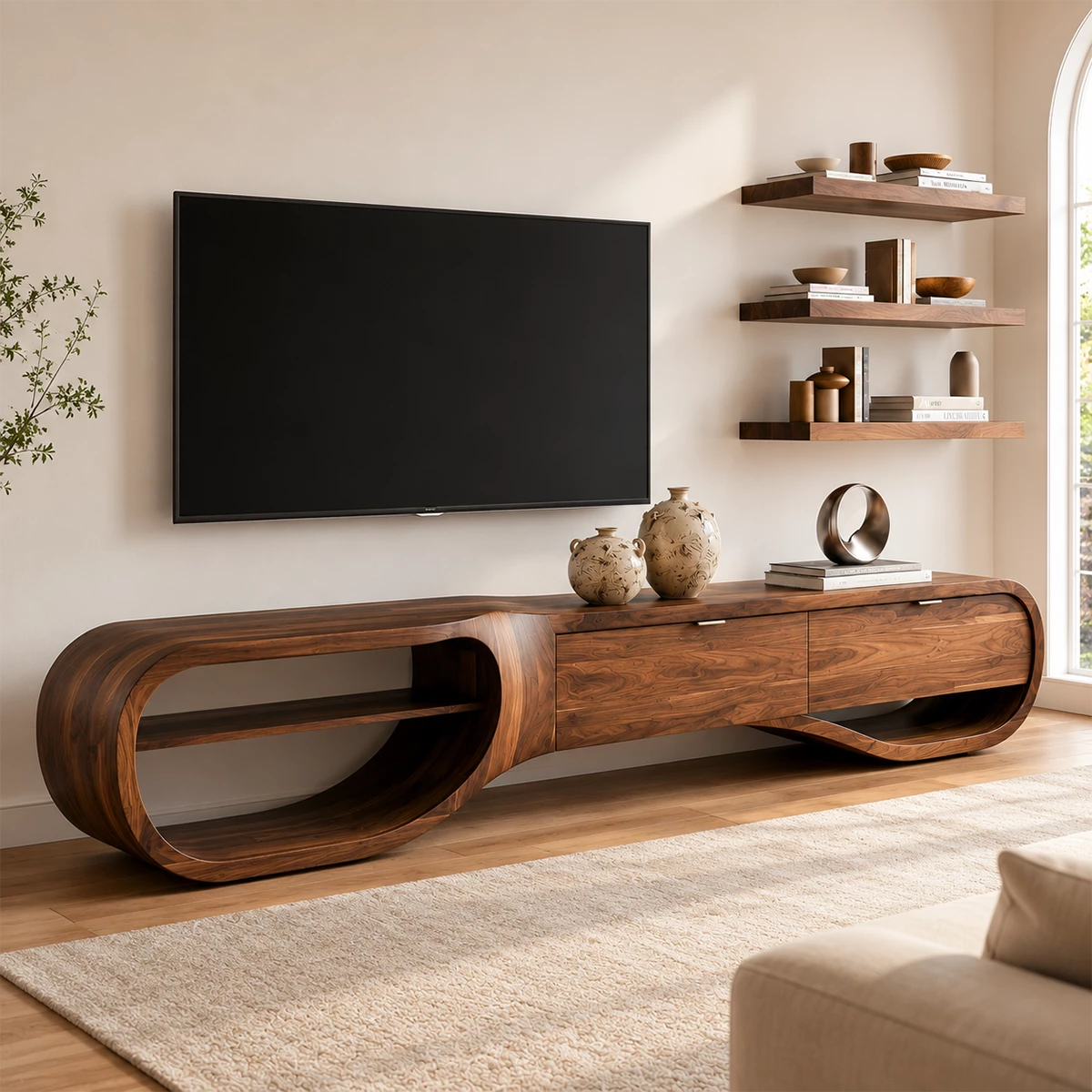 Natural Solid Wood TV Stand with Three Drawers and Sculptural Loop Shelves