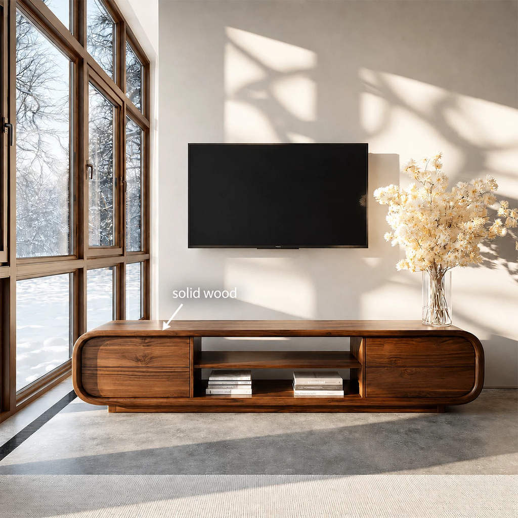 Natural Solid Wood TV Stand with Two Side Cabinets and Central Open Shelf