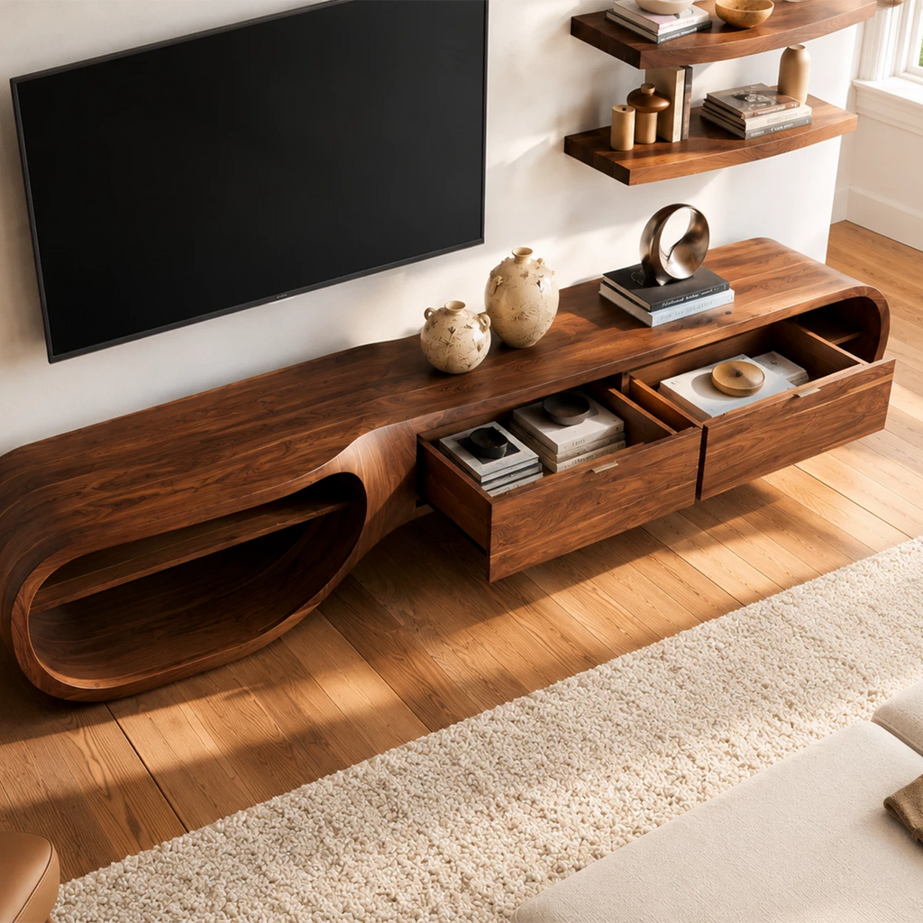 Natural Solid Wood TV Stand with Three Drawers and Sculptural Loop Shelves