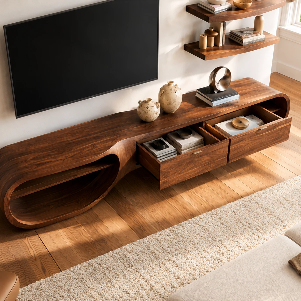 Natural Solid Wood TV Stand with Three Drawers and Sculptural Loop Shelves