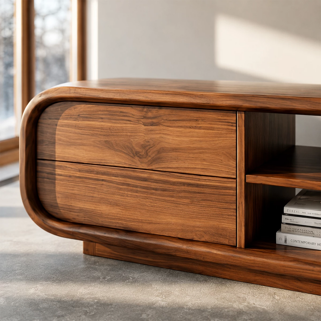 Natural Solid Wood TV Stand with Two Side Cabinets and Central Open Shelf