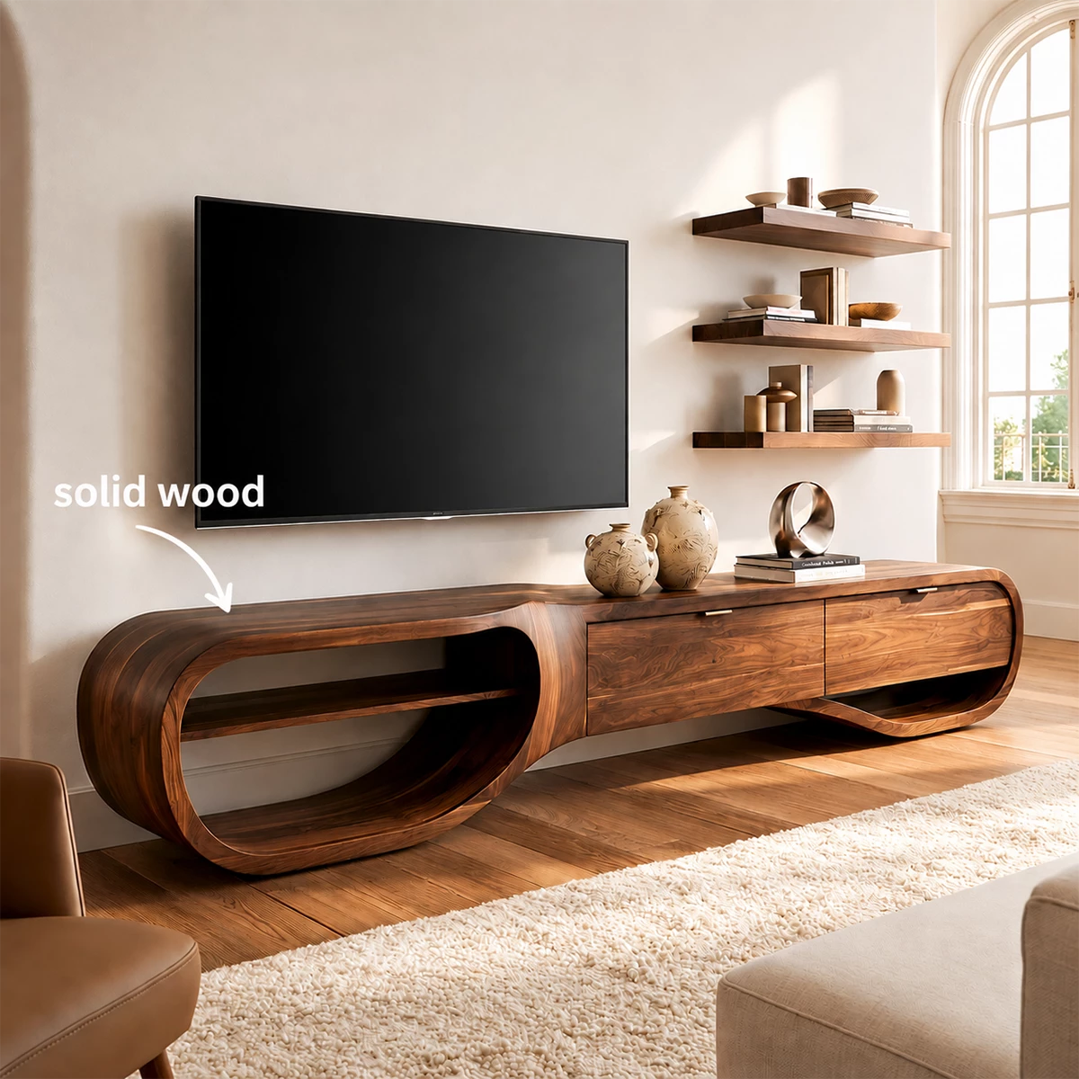 Natural Solid Wood TV Stand with Three Drawers and Sculptural Loop Shelves