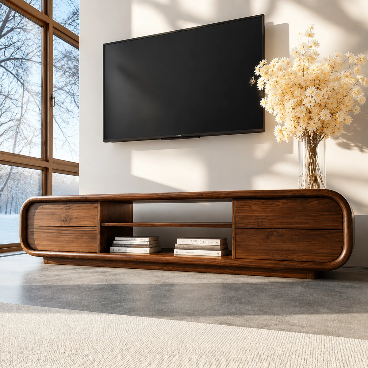Natural Solid Wood TV Stand with Two Side Cabinets and Central Open Shelf