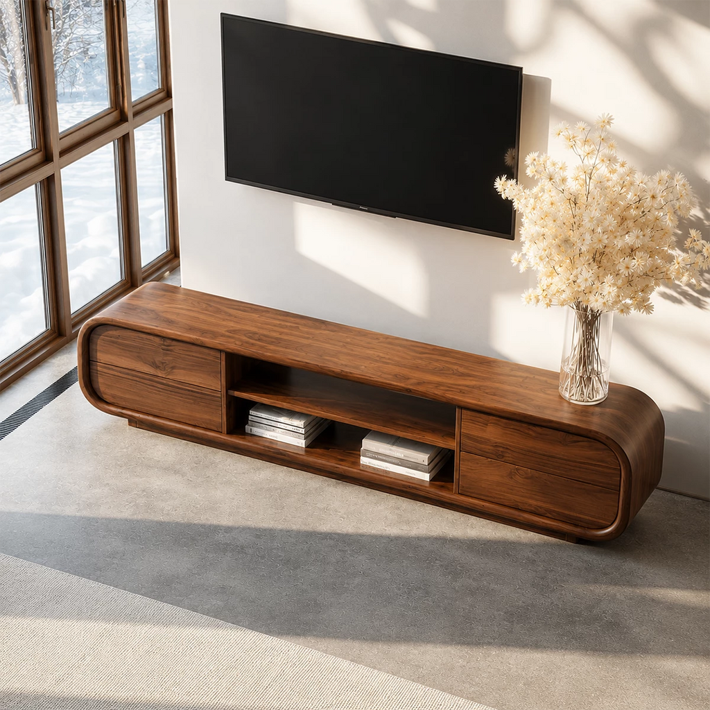 Natural Solid Wood TV Stand with Two Side Cabinets and Central Open Shelf