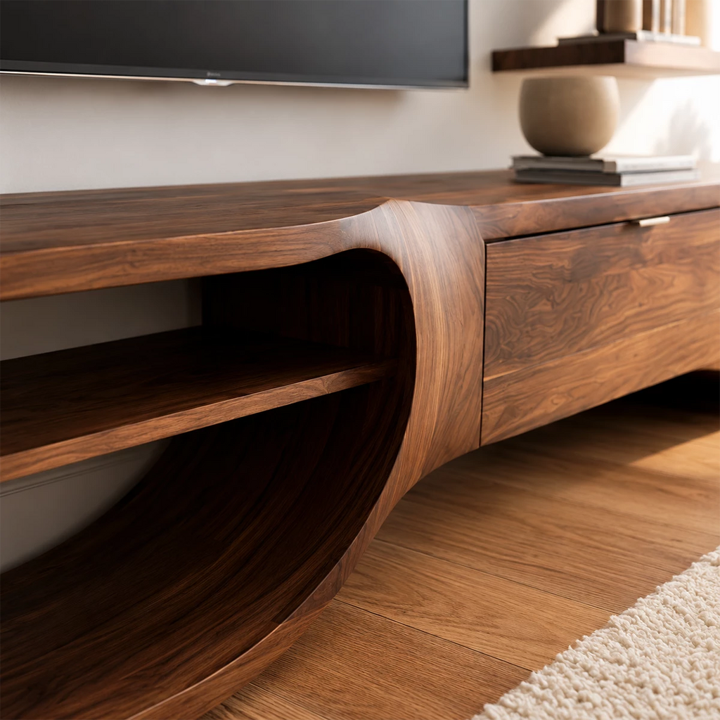 Natural Solid Wood TV Stand with Three Drawers and Sculptural Loop Shelves