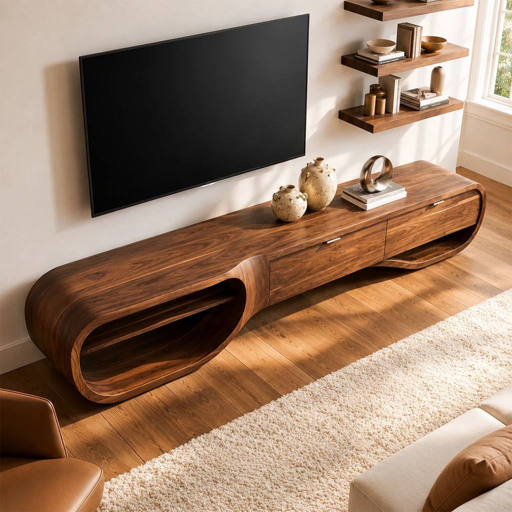 Natural Solid Wood TV Stand with Three Drawers and Sculptural Loop Shelves