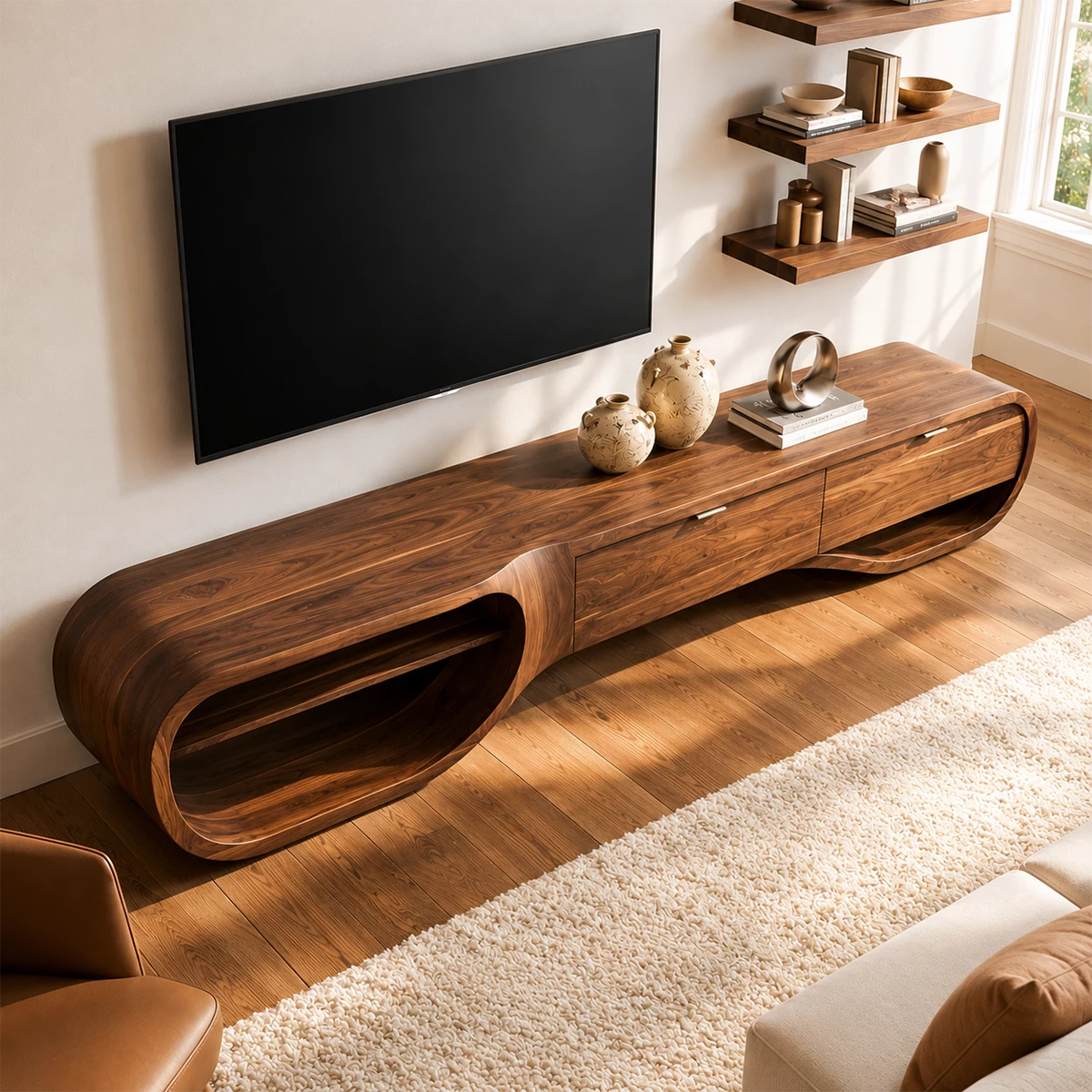 Natural Solid Wood TV Stand with Three Drawers and Sculptural Loop Shelves
