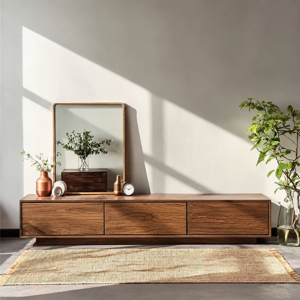 Minimalist Low Profile TV Stand with Seamless Storage Design