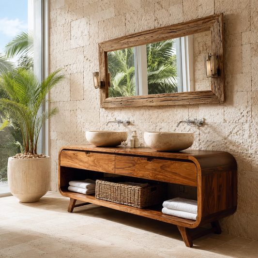 Double Sink Bathroom Vanity with Rounded Corners in Natural Solid Wood - Echotimber