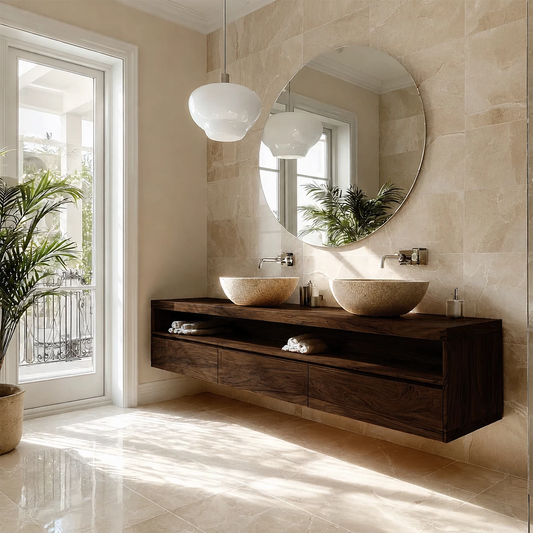 Double Sink Floating Bathroom Vanity with Open Shelf in Natural Solid Wood - Echotimber - 1168
