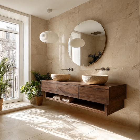 Double Sink Floating Bathroom Vanity with Open Shelf in Natural Solid Wood - Echotimber