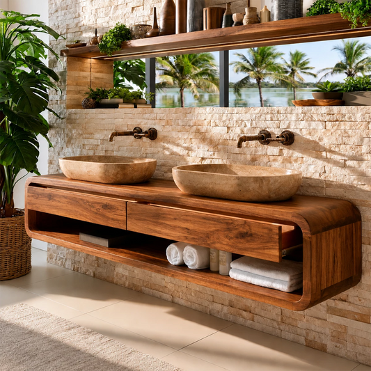 Double Sink Floating Bathroom Vanity With Rounded Wood Frame & Open Storage - Echotimber