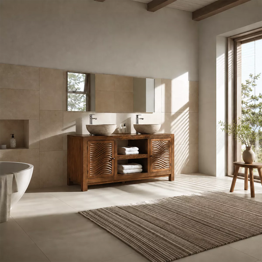 Double Sink Solid Wood Bathroom Vanity With Carved Wave Doors And Open Shelf Storage - Echotimber