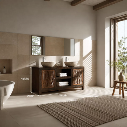 Double Sink Solid Wood Bathroom Vanity With Carved Wave Doors And Open Shelf Storage - Livewoodcraft - 10